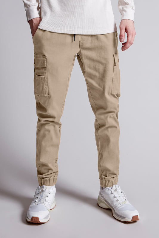 Twill Cargo Jogger Elastic Bottom – Beige